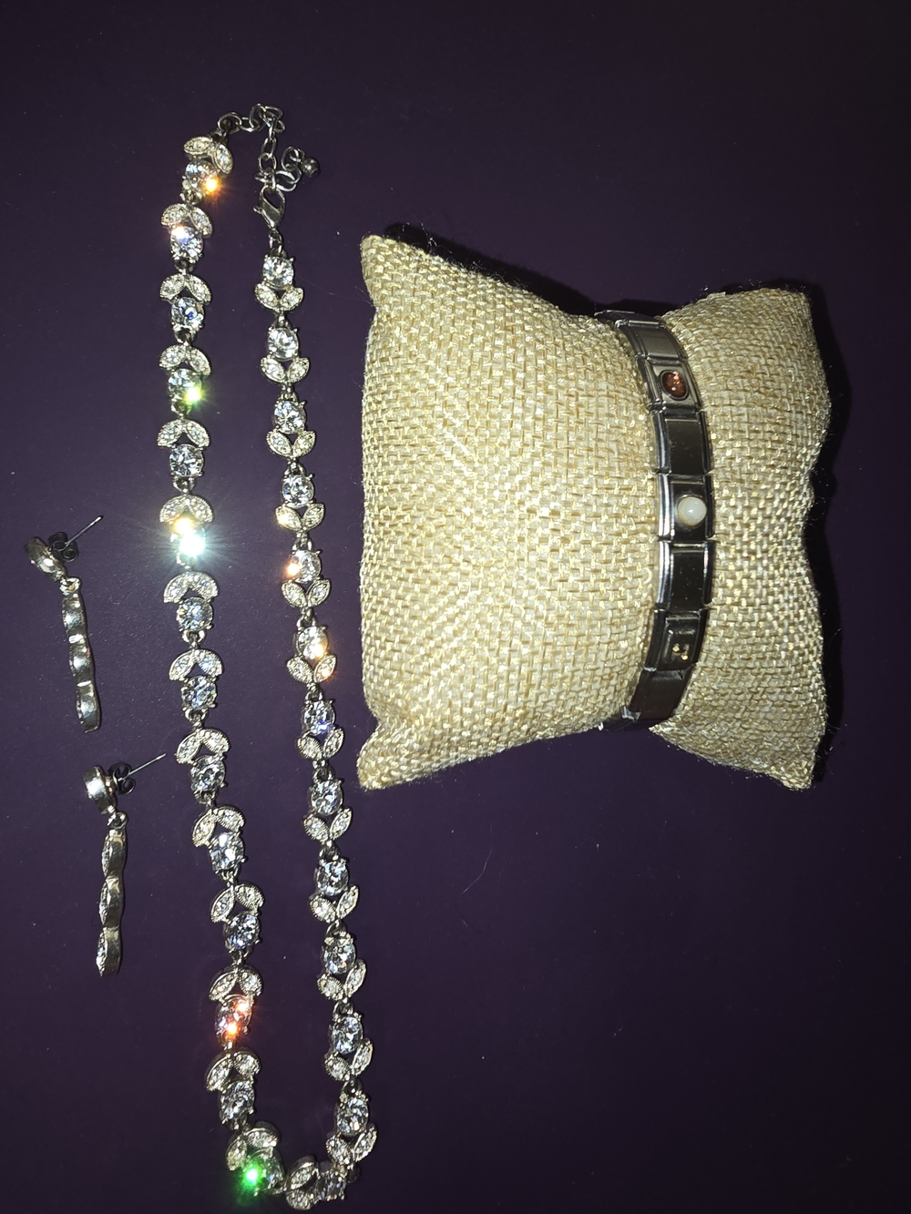 Silver-Tone Italian Charm Bracelet with Crystal Tennis Necklace & Earrings Set